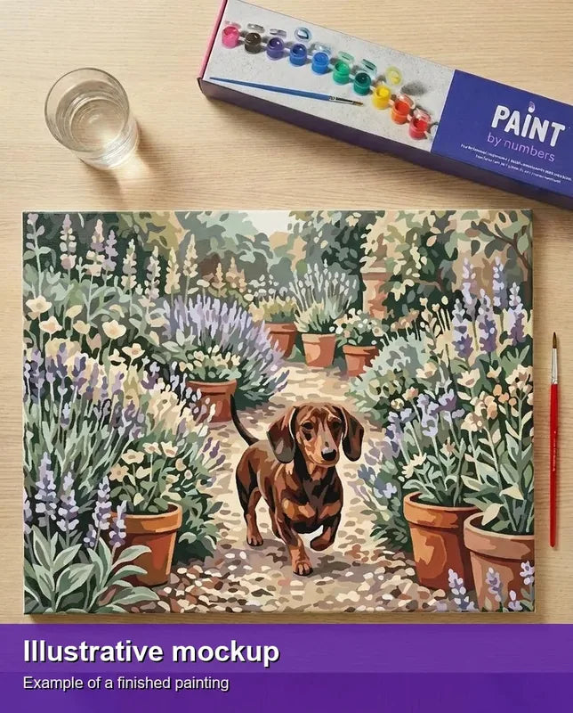 Valmiin numeromaalauksen havainnekuva - Dachshund in Flower Garden 50x40cm