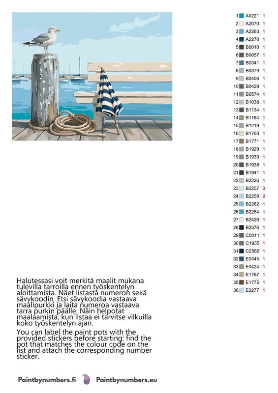 Paint by numbers color chart - Seagull on Pier - väriluettelo ja ohjeet
