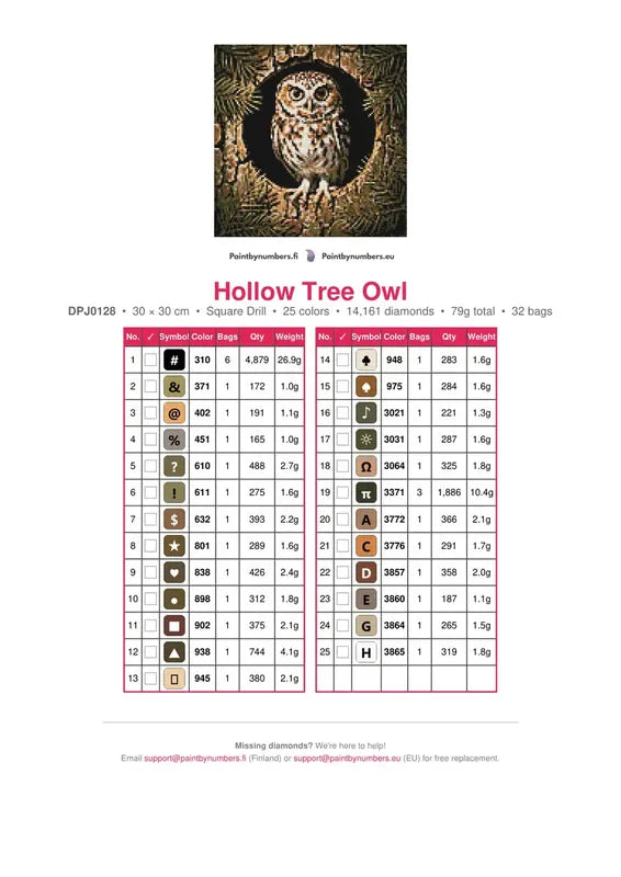 Hollow Tree Owl timanttimaalauksen värikartta – 25 DMC-väriä