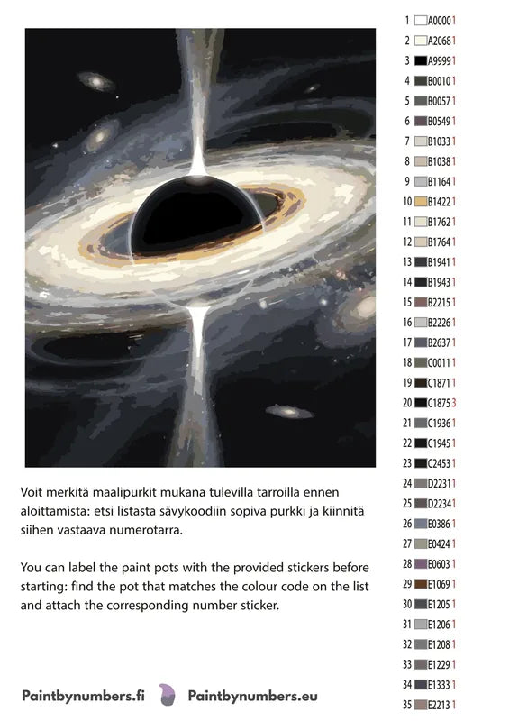 Paint by numbers color chart - Black Hole Accretion Disk - väriluettelo ja ohjeet