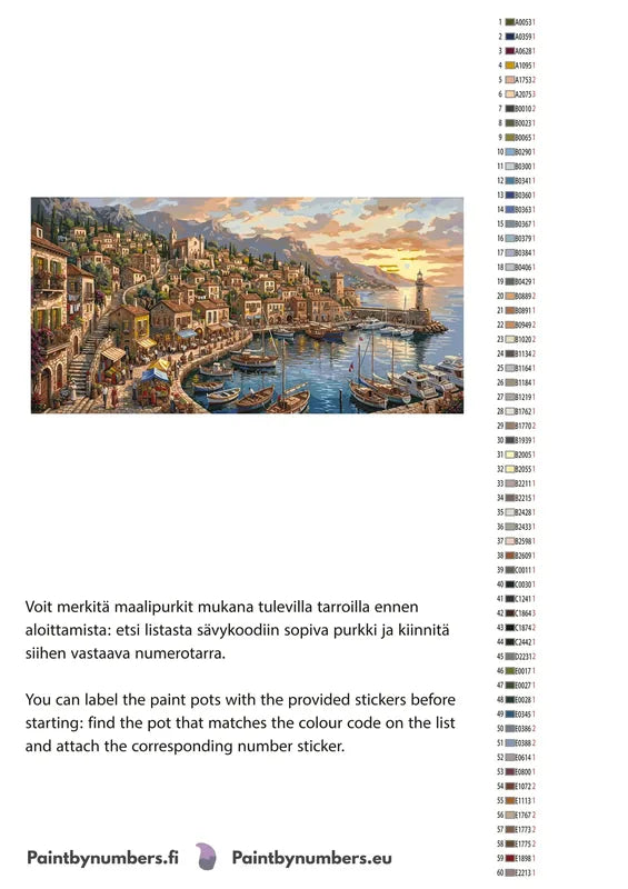 Paint by numbers color chart - Coastal Italian Village Harbor - väriluettelo ja ohjeet