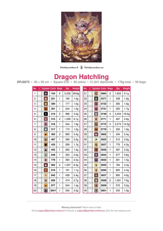 Dragon Hatchling timanttimaalauksen värikartta – 40 DMC-väriä