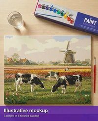 Thumbnail for Valmiin numeromaalauksen havainnekuva - Cows with Windmill 50x40cm