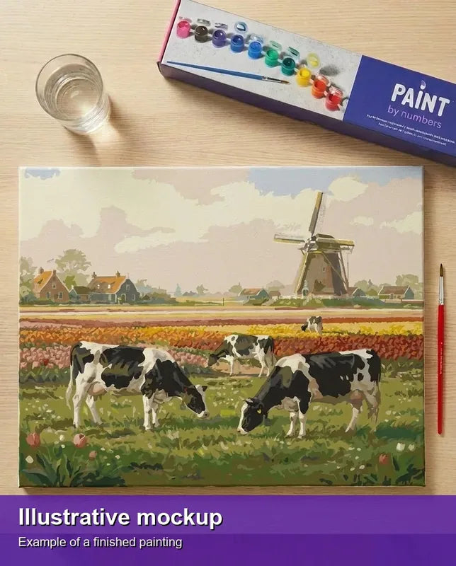 Valmiin numeromaalauksen havainnekuva - Cows with Windmill 50x40cm