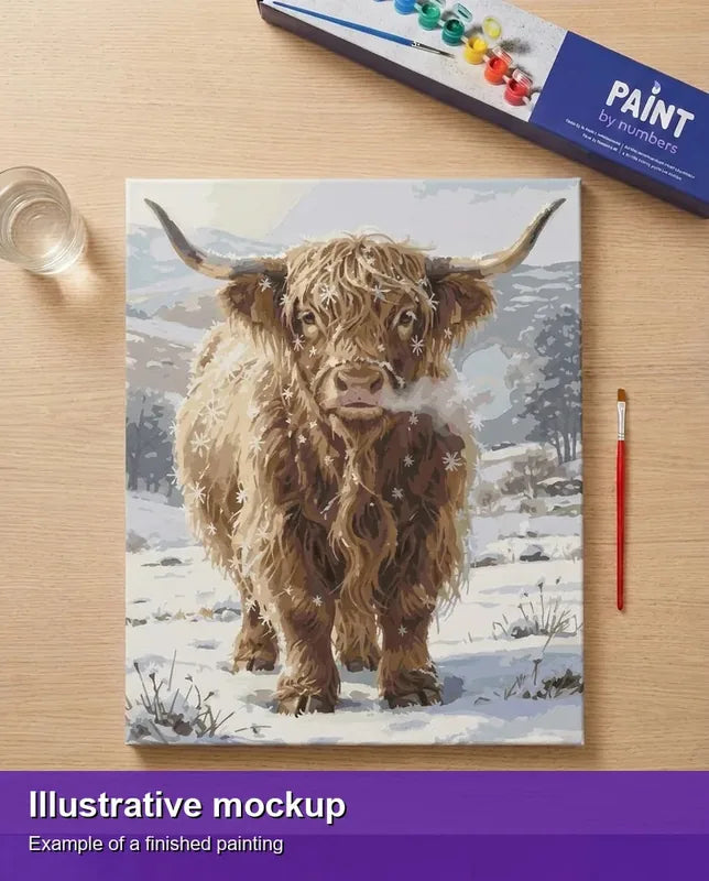 Valmiin numeromaalauksen havainnekuva - Highland Cow in Snow 40x50cm