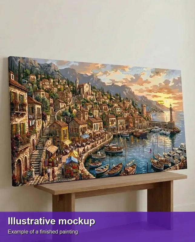 Valmiin numeromaalauksen havainnekuva - Mediterranean Harbour Village 60x120cm - Numeromaalaus 120x60cm