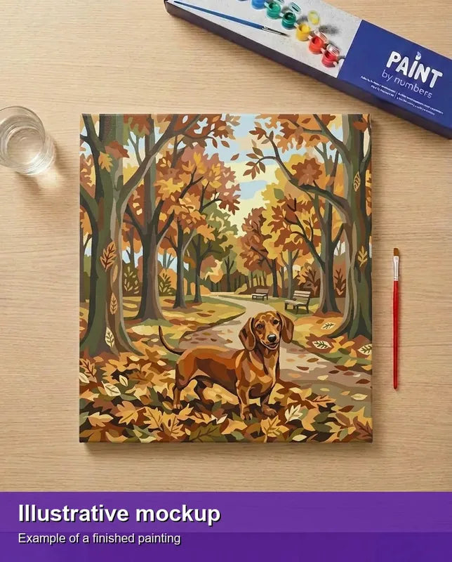 Valmiin numeromaalauksen havainnekuva - Dachshund in Autumn Park 50x50cm
