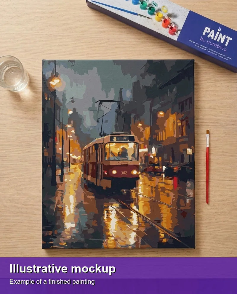 Valmiin numeromaalauksen havainnekuva - Tram in the Rain 40x50cm