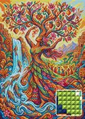 Thumbnail for Tree of Life Goddess Fantasy, 50x70 cm timanttimaalaus – lopullisen kuvion esikatselu ja lähikuva neliönmuotoisista timanteista