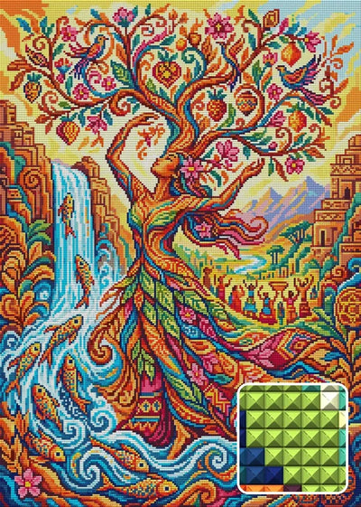 Tree of Life Goddess Fantasy, 50x70 cm timanttimaalaus – lopullisen kuvion esikatselu ja lähikuva neliönmuotoisista timanteista