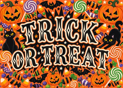 Halloween-aiheinen Trick or Treat numeromaalaus mustilla kissoilla, kurpitsoilla ja karkeilla.