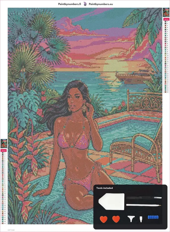 Tropical Bikini timanttimaalauksen kangas 50x70cm mukana tulevilla tyokaluilla - timanttikyna, vaha, lajittelutarjotin ja pinsetit