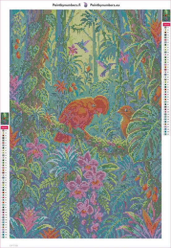 Tropical Birds in Lush Jungle timanttimaalauksen liimapintainen canvas 40x60cm