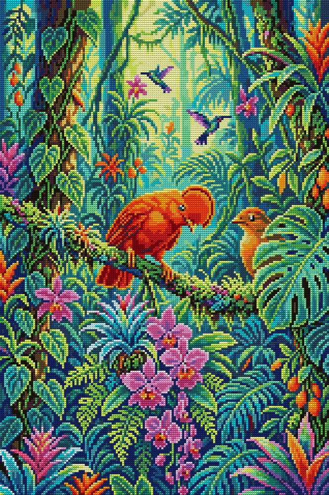 Tropical Birds in Lush Jungle, 40x60 cm timanttimaalaus – koko kuvion esikatselu ilman lähikuvaa