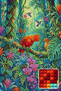 Thumbnail for Tropical Birds in Lush Jungle, 40x60 cm timanttimaalaus – lopullisen kuvion esikatselu ja lähikuva neliönmuotoisista timanteista