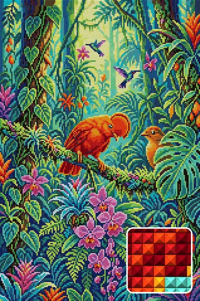 Tropical Birds in Lush Jungle, 40x60 cm timanttimaalaus – lopullisen kuvion esikatselu ja lähikuva neliönmuotoisista timanteista