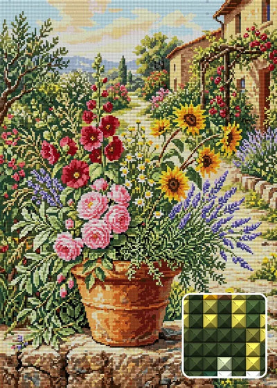 Tuscan Garden Flower Pot, 50x70 cm timanttimaalaus – lopullisen kuvion esikatselu ja lähikuva neliönmuotoisista timanteista