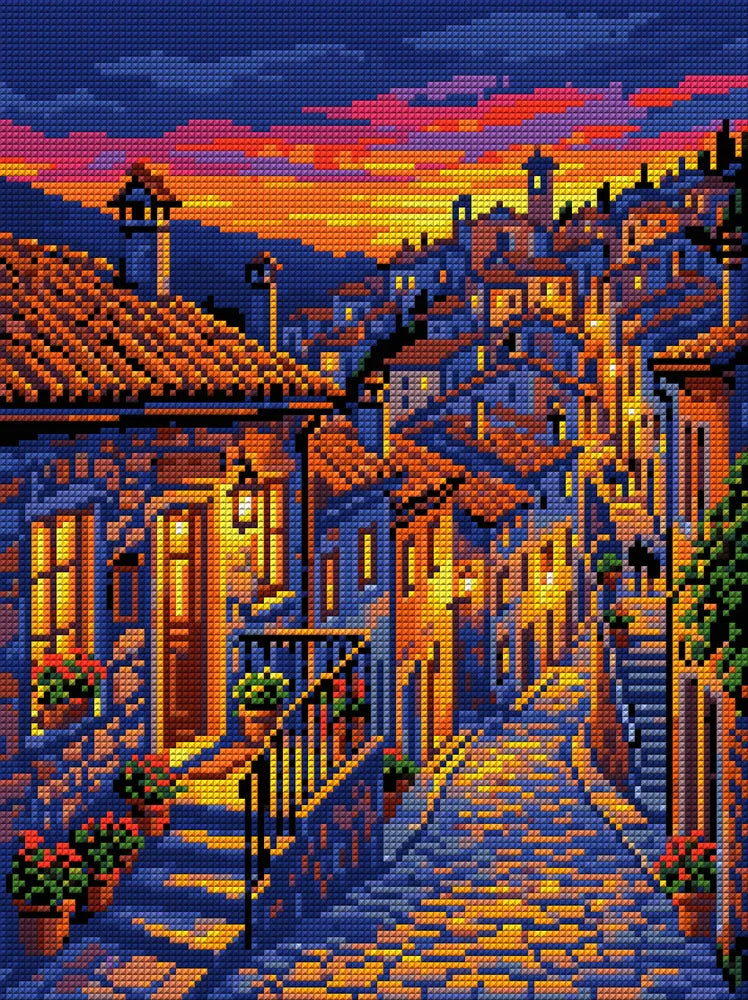 Tuscan Village at Sunset, 30x40 cm timanttimaalaus – koko kuvion esikatselu ilman lähikuvaa