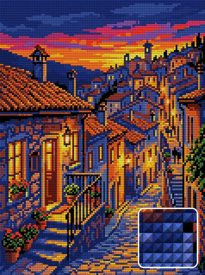 Tuscan Village at Sunset, 30x40 cm timanttimaalaus – lopullisen kuvion esikatselu ja lähikuva neliönmuotoisista timanteista