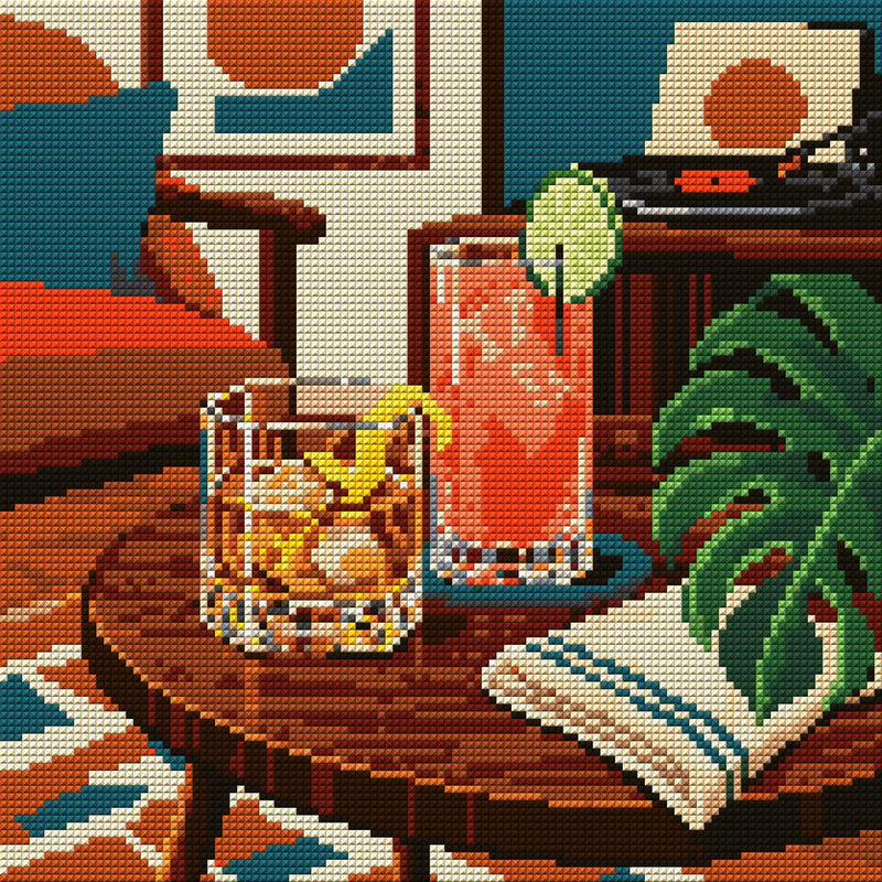 Two Cocktails and a Vinyl Evening, 30x30 cm timanttimaalaus – koko kuvion esikatselu ilman lähikuvaa
