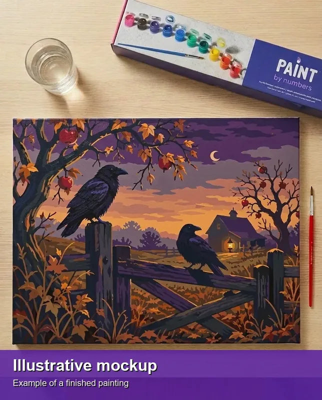 Valmiin numeromaalauksen havainnekuva - Two Ravens on Fence 50x40cm