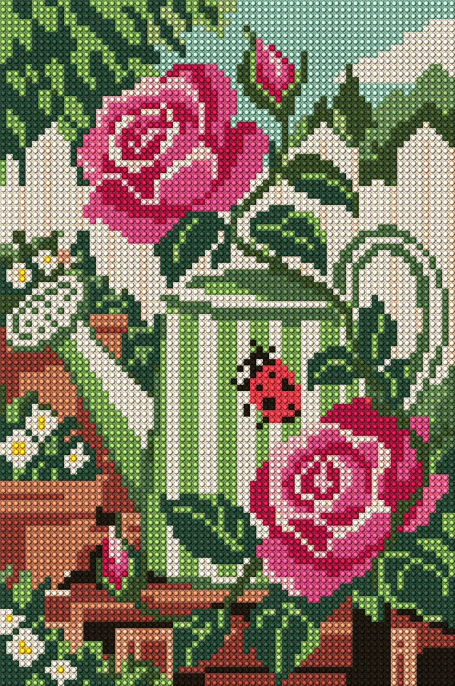 Two Roses and a Ladybird, 20x30 cm timanttimaalaus – koko kuvion esikatselu ilman lähikuvaa