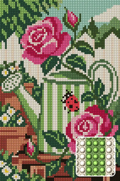 Two Roses and a Ladybird, 20x30 cm timanttimaalaus – lopullisen kuvion esikatselu ja lähikuva pyöreistä timanteista