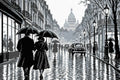 Thumbnail for Mustavalkoinen sateinen pariisilaiskatu sateenvarjoineen, 60x40 cm timanttimaalaus – lopullisen kuvion esikatselu