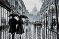 Thumbnail for Mustavalkoinen sateinen pariisilaiskatu sateenvarjoineen, 60x40 cm timanttimaalaus – koko kuvion esikatselu