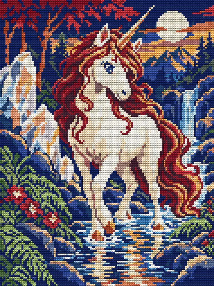 Unicorn at the Crystal Ford, 30x40 cm timanttimaalaus – koko kuvion esikatselu ilman lähikuvaa