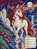 Thumbnail for Unicorn at the Crystal Ford, 30x40 cm timanttimaalaus – lopullisen kuvion esikatselu ja lähikuva neliönmuotoisista timanteista