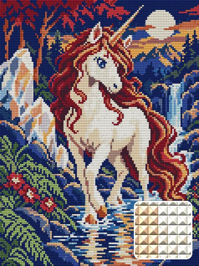 Unicorn at the Crystal Ford, 30x40 cm timanttimaalaus – lopullisen kuvion esikatselu ja lähikuva neliönmuotoisista timanteista