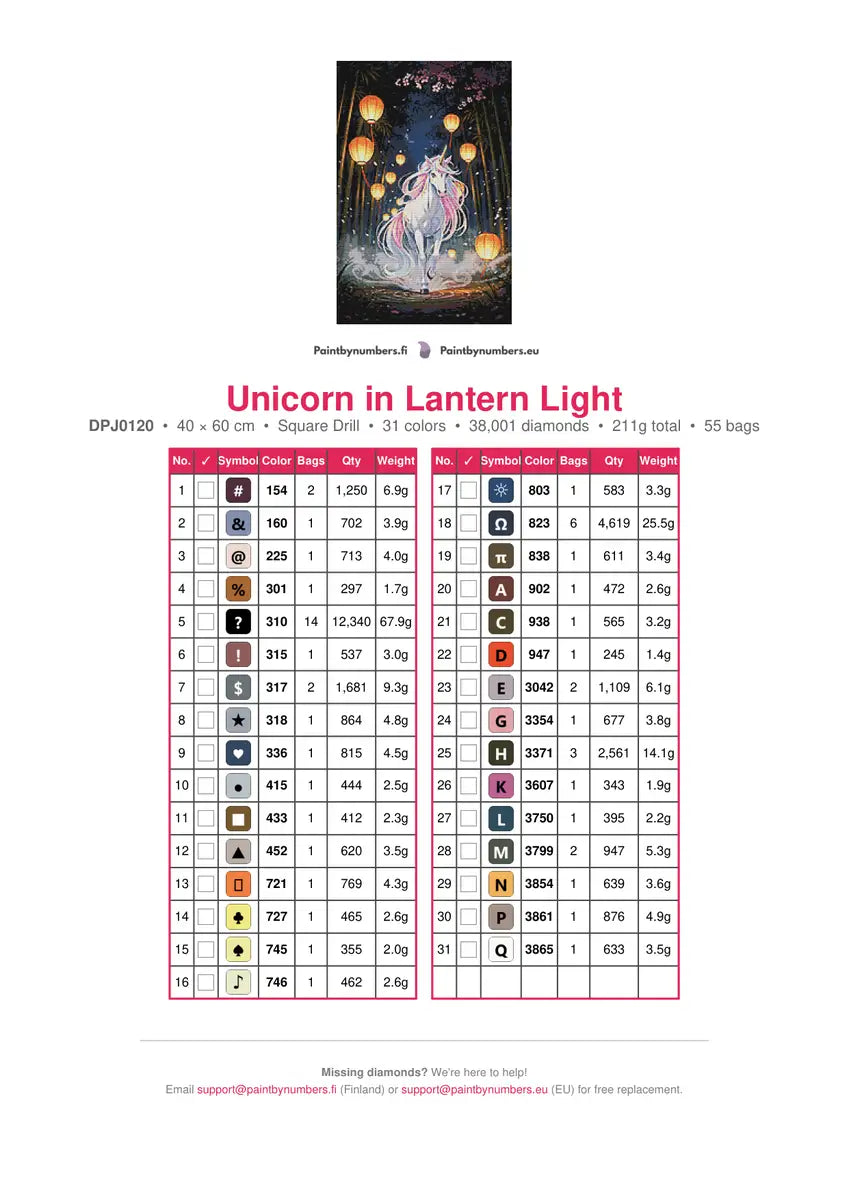 Unicorn in Lantern Light timanttimaalauksen värikartta – 31 DMC-väriä