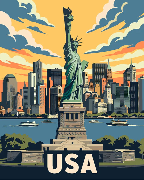 Yhdysvallat travel poster numeromaalaus, New York ja Vapaudenpatsas