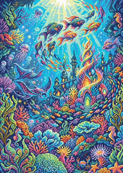 Vibrant Underwater Fantasy World, 50x70 cm timanttimaalaus – lopullisen kuvion esikatselu