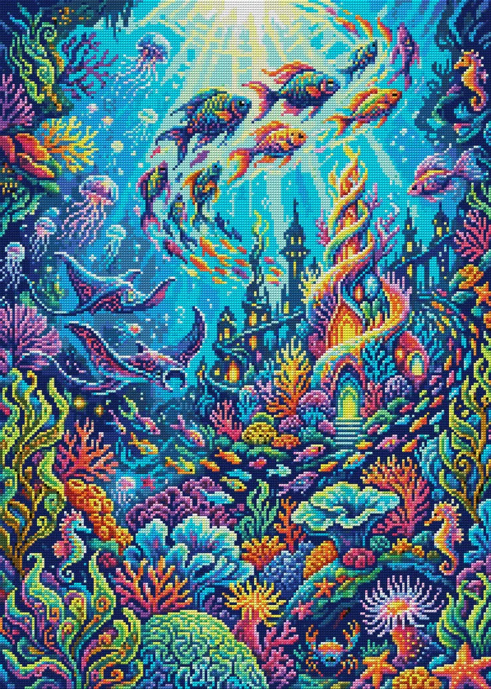 Vibrant Underwater Fantasy World, 50x70 cm timanttimaalaus – koko kuvion esikatselu ilman lähikuvaa