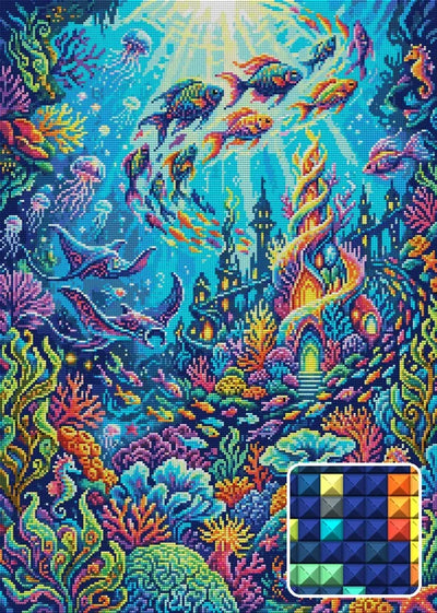 Vibrant Underwater Fantasy World, 50x70 cm timanttimaalaus – lopullisen kuvion esikatselu ja lähikuva neliönmuotoisista timanteista