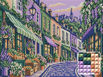 Victoria Street Market Morning, 40x30 cm timanttimaalaus – lopullisen kuvion esikatselu ja lähikuva neliönmuotoisista timanteista
