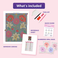 Thumbnail for Victorian Botanical 60x80cm timanttimaalauspaketin sisalto: liimapintainen canvas, varikartta, tyokalut ja timanttipussit