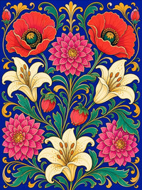 Thumbnail for Timanttimaalaus, jossa barokkityylinen kukkakimppu punaisilla unikoilla, liljoilla ja daalioilla.