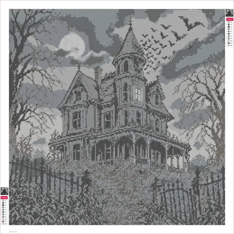 Victorian Mansion with Bats in Black and White timanttimaalauksen liimapintainen canvas 60x60cm