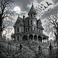 Thumbnail for Mustavalkoinen viktoriaaninen kummitustalo ja lepakot, 60x60 cm timanttimaalaus – lopullisen kuvion esikatselu