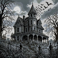 Thumbnail for Mustavalkoinen viktoriaaninen kummitustalo ja lepakot, 60x60 cm timanttimaalaus – koko kuvion esikatselu