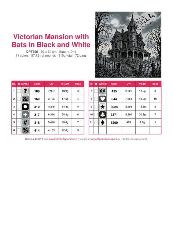 Victorian Mansion with Bats in Black and White timanttimaalauksen värikartta – 11 DMC-väriä