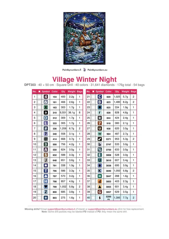 Village Winter Night timanttimaalauksen värikartta – 40 DMC-väriä