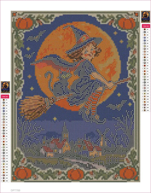 Vintage Postcard Witch Over the Village timanttimaalauksen liimapintainen canvas 30x40cm