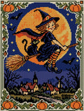 Thumbnail for Vintage-postikorttityylinen noita luudalla kylän yllä, 30x40 cm timanttimaalaus – koko kuvion esikatselu