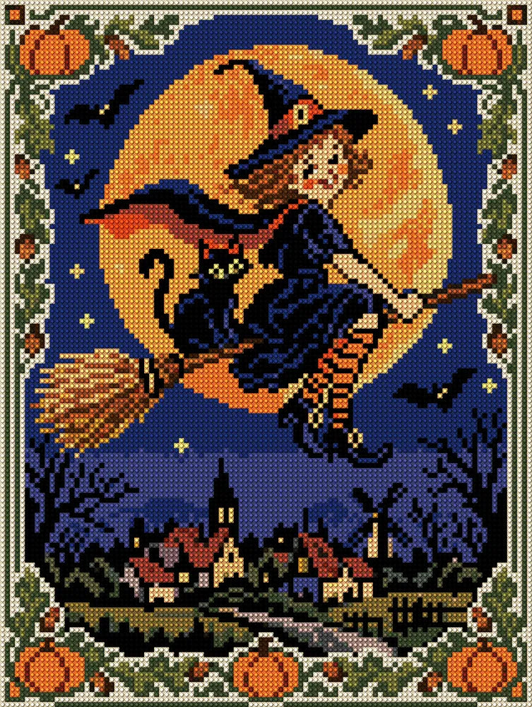 Vintage-postikorttityylinen noita luudalla kylän yllä, 30x40 cm timanttimaalaus – koko kuvion esikatselu