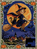 Thumbnail for Vintage-postikorttityylinen noita luudalla kylän yllä, 30x40 cm timanttimaalaus – kuvio ja pyöreiden timanttien lähikuva