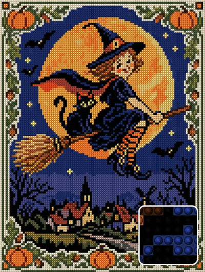 Vintage-postikorttityylinen noita luudalla kylän yllä, 30x40 cm timanttimaalaus – kuvio ja pyöreiden timanttien lähikuva